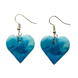 Heart Dangle Earrings, Blue Marble Effect, Hypoallergenic Fishhook, Lightweight